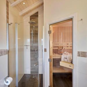 a bathroom with a shower and a glass door at Luxuswellnesshaus Dünenperle in Bliesdorf