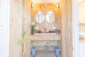 baño con lavabo y 2 espejos en Luxury Glamping at Stags Head, en Abbotskerswell