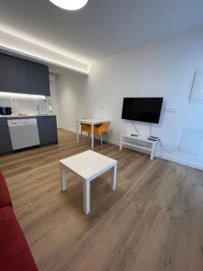 een woonkamer met een tafel en een flatscreen-tv bij Anzaran in Irún