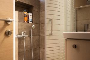 a bathroom with a shower and a sink at Plakoures Home in Kounoupidhianá