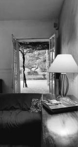een woonkamer met een bank en een lamp bij Le Mas de Trévouse in Saint-Saturnin-lès-Avignon
