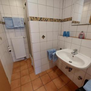 a small bathroom with a sink and a shower at Appartementhaus am Brückerl in Bad Füssing