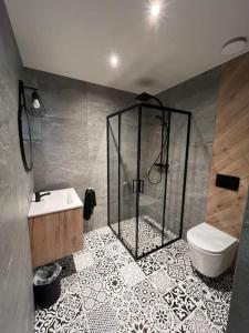 a bathroom with a shower and a toilet and a sink at Apartament u Bafiów in Chochołów