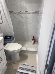 y baño pequeño con aseo y ducha. en Quad Room with En Suite Bathroom 0362 en Toronto