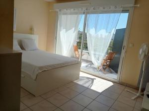 1 dormitorio con cama y vistas a un balcón en Studio sur la plage des Dagueys, en Libourne