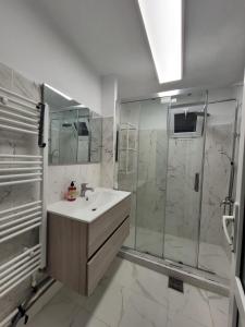La salle de bains est pourvue d'un lavabo et d'une douche en verre. dans l'établissement Vila Didi, Mangalia, à Mangalia