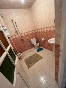 uma casa de banho com um chuveiro, um WC e um lavatório. em un appartement a loué em Essaouira