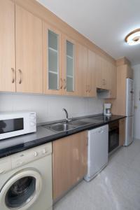 a kitchen with a sink and a washing machine at Pension O Camiño Milladoiro in Amés