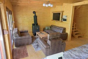 ein Wohnzimmer mit Sofas und einem Herd in einer Hütte in der Unterkunft Hakuna Matata Lake House in Jajce