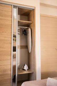 a bedroom with a closet with a mirror at Plakoures Home in Kounoupidhianá