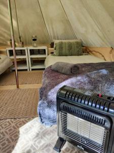 a room with two beds and a heater in a tent at Gaia Double or Twin Bell Tent in Swellendam