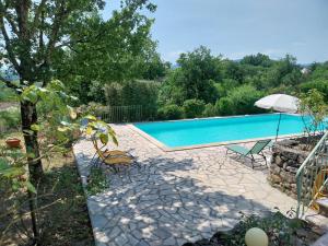 a swimming pool in a garden with an umbrella at Le Gîte du Soleil in Rosières
