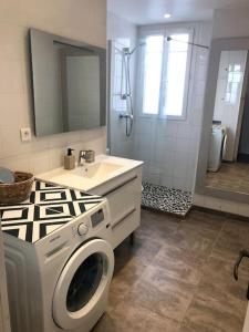 a bathroom with a washing machine in a sink at Charming & quiet appart 5 mns from downtown in Cannes
