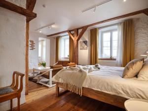 een slaapkamer met een groot bed en een woonkamer bij Historic Apartment with Private Garden in Old Town in Tallinn