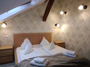 um quarto com uma cama com duas almofadas em Pensiunea Casa Rusu em Baia Mare