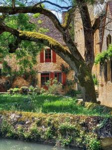 ein Backsteinhaus mit einem Baum davor in der Unterkunft La Maisonnette de La Jolie Vie in Urval