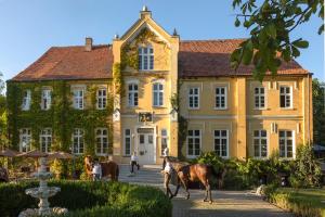 un gran edificio amarillo con caballos delante en Ferienwohnung mit Kamin und traumhafter Dachterrasse mit Weitblick in die Natur, en Neu Gaarz