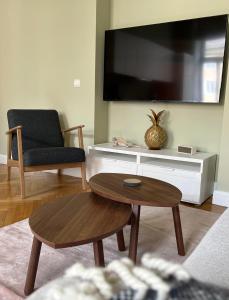 a living room with a tv and a chair and a table at Das Domizil in Klagenfurt +18 photos