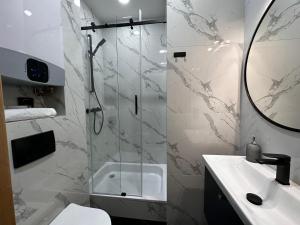 a bathroom with a shower and a toilet and a sink at Premium Apartment in Spiski Palace in Krakow