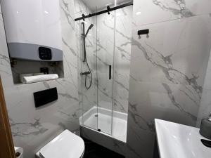 a bathroom with a shower and a toilet and a sink at Premium Apartment in Spiski Palace in Krakow