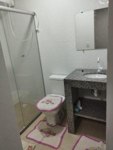 ein Bad mit einem WC, einem Waschbecken und einer Dusche in der Unterkunft Residencial Casa Grande - Apto 03 in Santa Cruz Cabrália