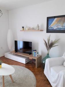 sala de estar con TV de pantalla plana en una pared blanca en Bošana Beach Apartment Biograd, en Biograd na Moru