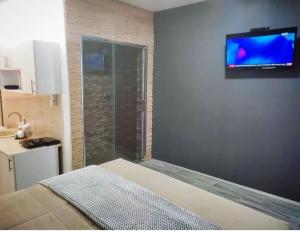 a bedroom with a shower with a television on the wall at Apartman Boba Vrnjačka Banja in Vrnjačka Banja