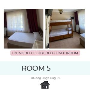 two pictures of a bedroom with a bed and a bunk room at Chalet 20 Min Far To Uludag Ski Resort in Çekirge