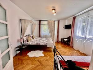 1 dormitorio con 1 cama con dosel en Anton Pann House - Entire house below the citadel en Sighişoara