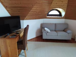 sala de estar con sofá y escritorio con TV en Frutta Villa, en Cserszegtomaj