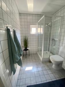 a white tiled bathroom with a shower and a toilet at Sjarmerende Town House i sentrum in Tønsberg