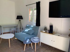 ein Wohnzimmer mit einem blauen Sofa und einem TV in der Unterkunft le calme chambre 2 in Saint-Tropez