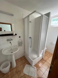 W łazience znajduje się prysznic i umywalka. w obiekcie Penzion na Slunci w mieście Staré Splavy
