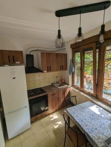 a kitchen with a white refrigerator and a table at Re-Born Hostel in Timişoara