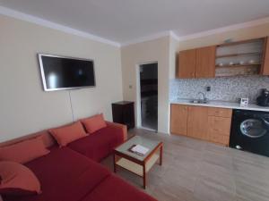 ein Wohnzimmer mit einem roten Sofa und einer Küche in der Unterkunft GUEST APRTMENT FOR STAY in Widin
