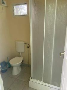 a bathroom with a toilet and a glass shower door at Napraforgó Apartmanok in Balatonfůzfő