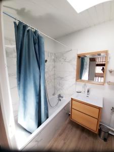 a bathroom with a blue shower curtain and a sink at L'Atelier in La Rochelle