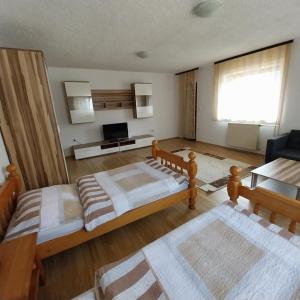 a living room with two beds and a television at APARTMA 27 in Kranjska Gora
