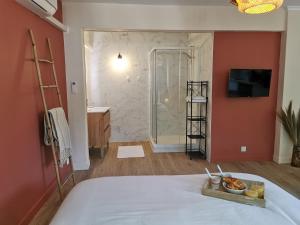 um quarto com uma cama e uma casa de banho com um chuveiro em Studio confort - clim - ascenseur em Cavaillon