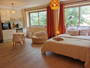 a bedroom with a bed and a table and a kitchen at Studio confort - clim - ascenseur in Cavaillon