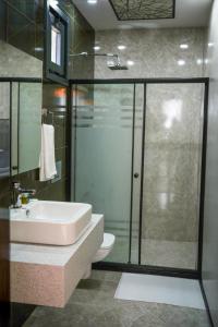 y baño con aseo, lavabo y ducha. en Mayavera Boutique Hotel, en Ardeşen