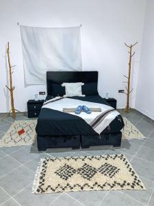 ein Schlafzimmer mit einem Bett und einem Teppich auf dem Boden in der Unterkunft Oasis Villa Essaouira in Essaouira