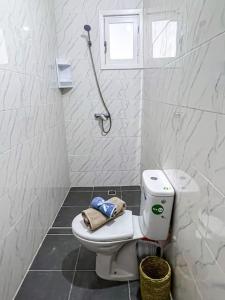 ein weißes Bad mit einem WC und einer Dusche in der Unterkunft Oasis Villa Essaouira in Essaouira
