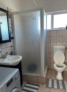 a bathroom with a shower and a toilet and a sink at Casual, beachy and 100m to Seals Surf Spot in Cape St Francis