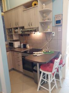 uma pequena cozinha com uma mesa e duas cadeiras em Apartman Zobec Jambrusic em Opatija
