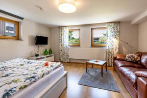 ein Schlafzimmer mit einem Bett und einem Sofa in der Unterkunft Charmante Ferienwohnung in Tübingen