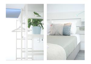 a white shelf with a plant on it next to a bed at Karma Famara 2 25m del mar in Famara