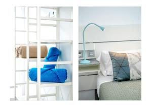 two pictures of a room with a bed and a room with a shelf at Karma Famara 2 25m del mar in Famara