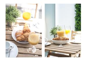 two pictures of glasses of orange juice and croissants on a table at Karma Famara 2 25m del mar in Famara
