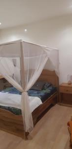 a bedroom with a bed with a mosquito net at Villa Ty an heol in Ngaparou